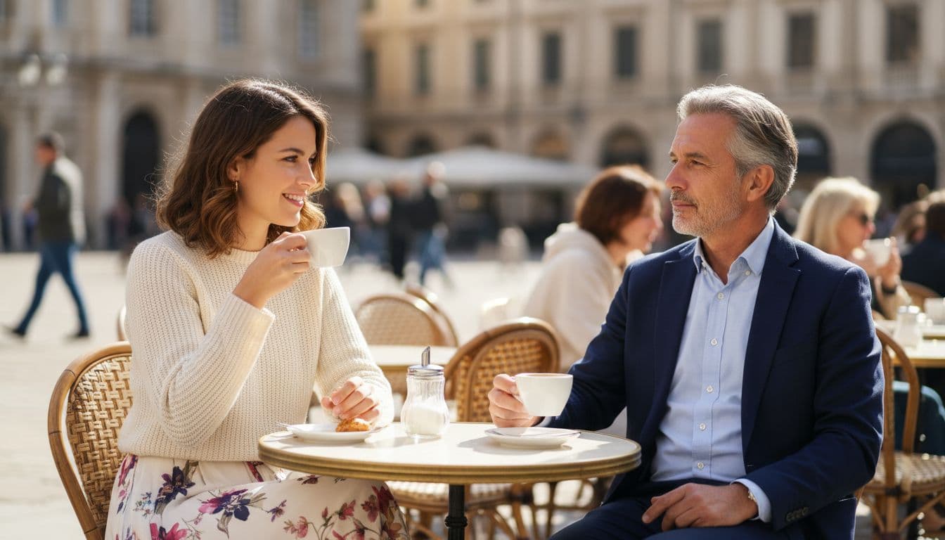 Young woman and mature man sit at outdoor cafe table chatting over coffee with blurred background.