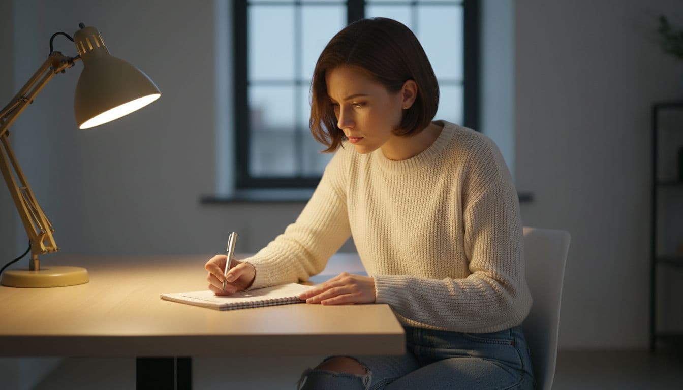 Young woman in casual attire sits at desk, thoughtfully reviewing notepad checklist under warm lamp light.