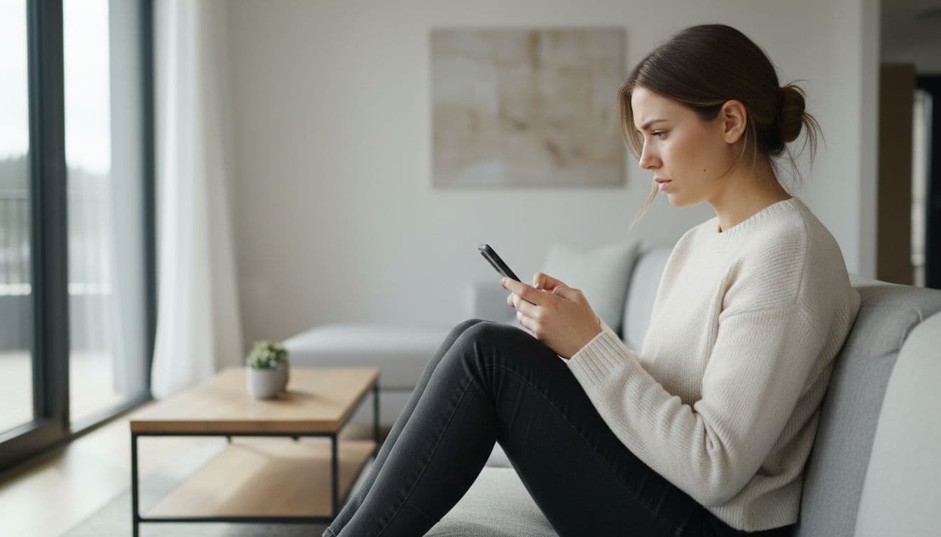 Young woman sits on couch in modern living room typing thoughtfully on smartphone with focused expression.