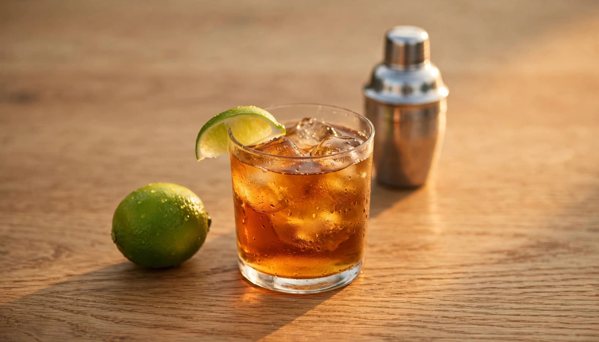 Un cocktail ambré avec de la glace à côté d'un citron vert entier et d'un shaker argenté.