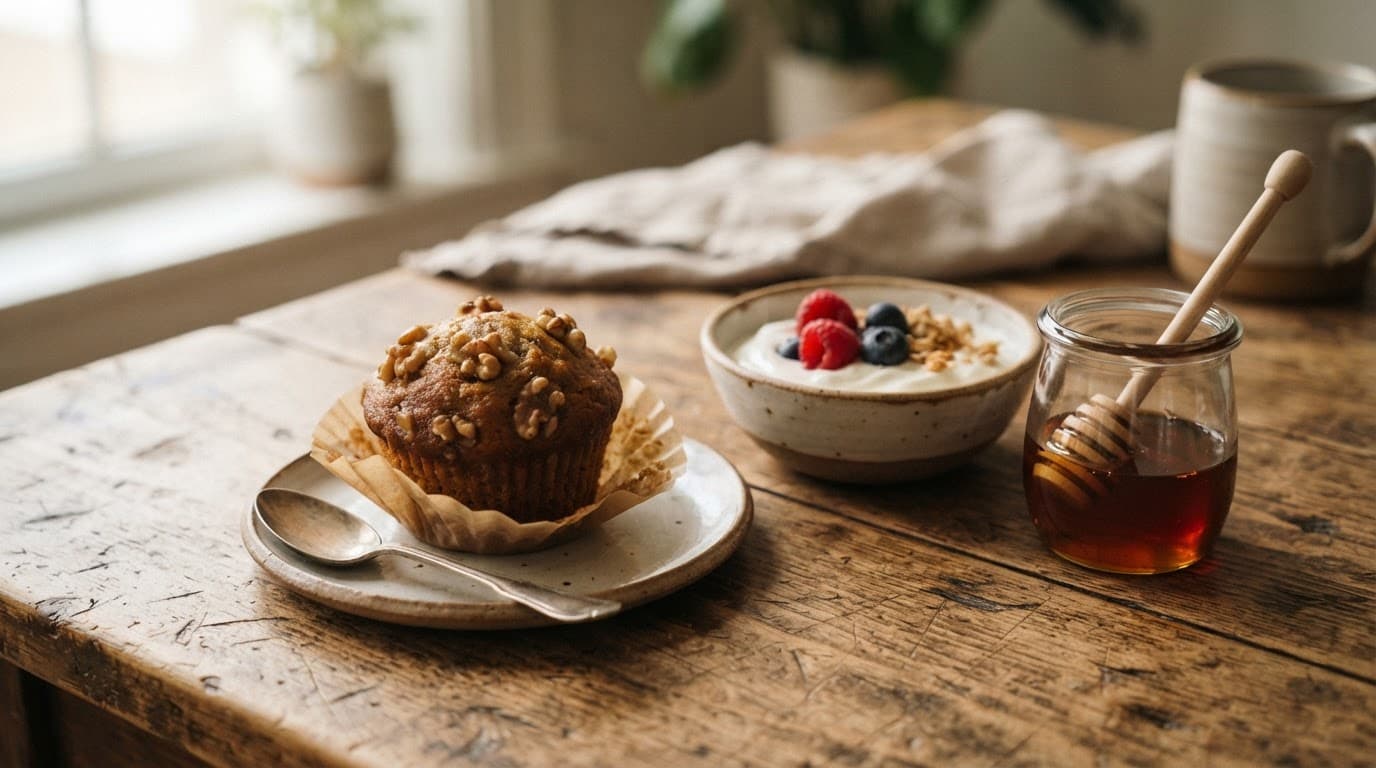 Banana muffin with Greek yogurt and maple syrup on a wooden table.