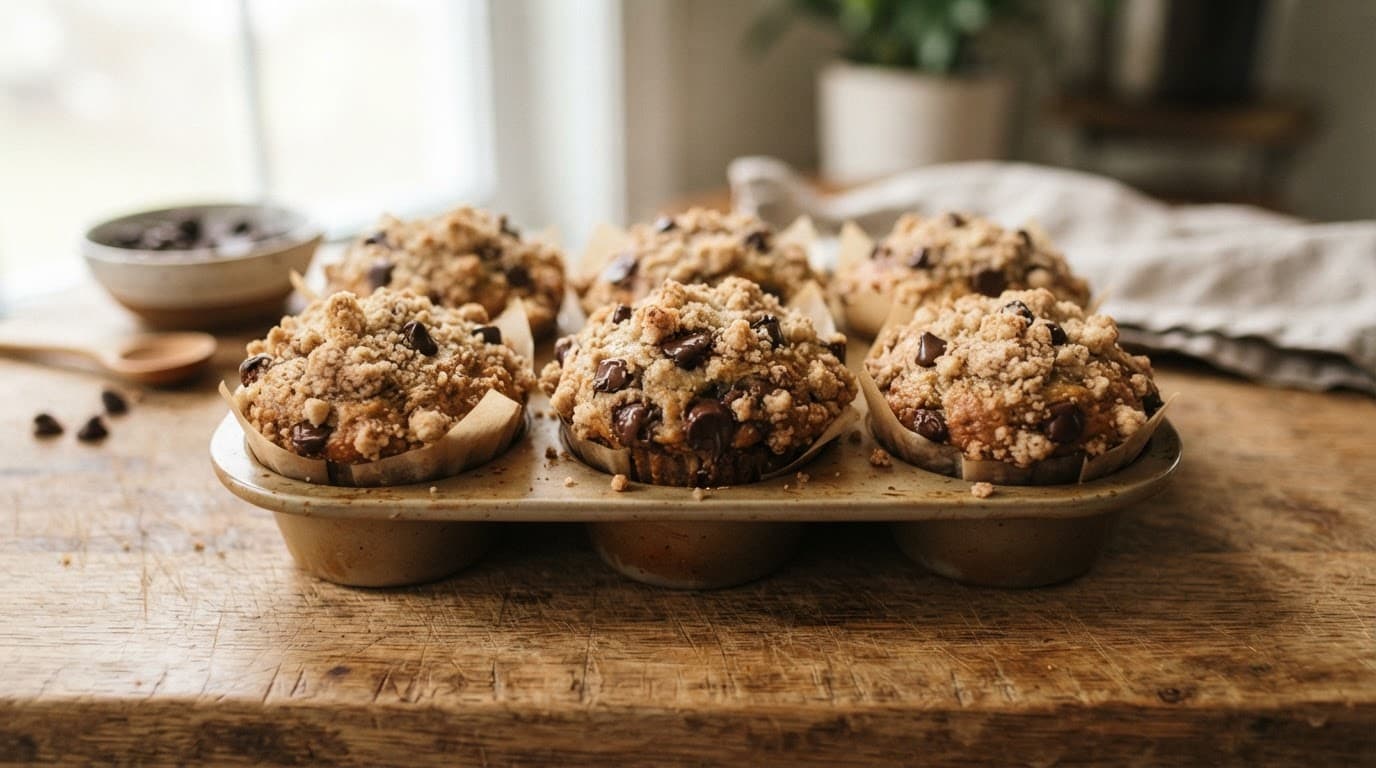 Fresh banana muffins with crumb topping on a wooden board.