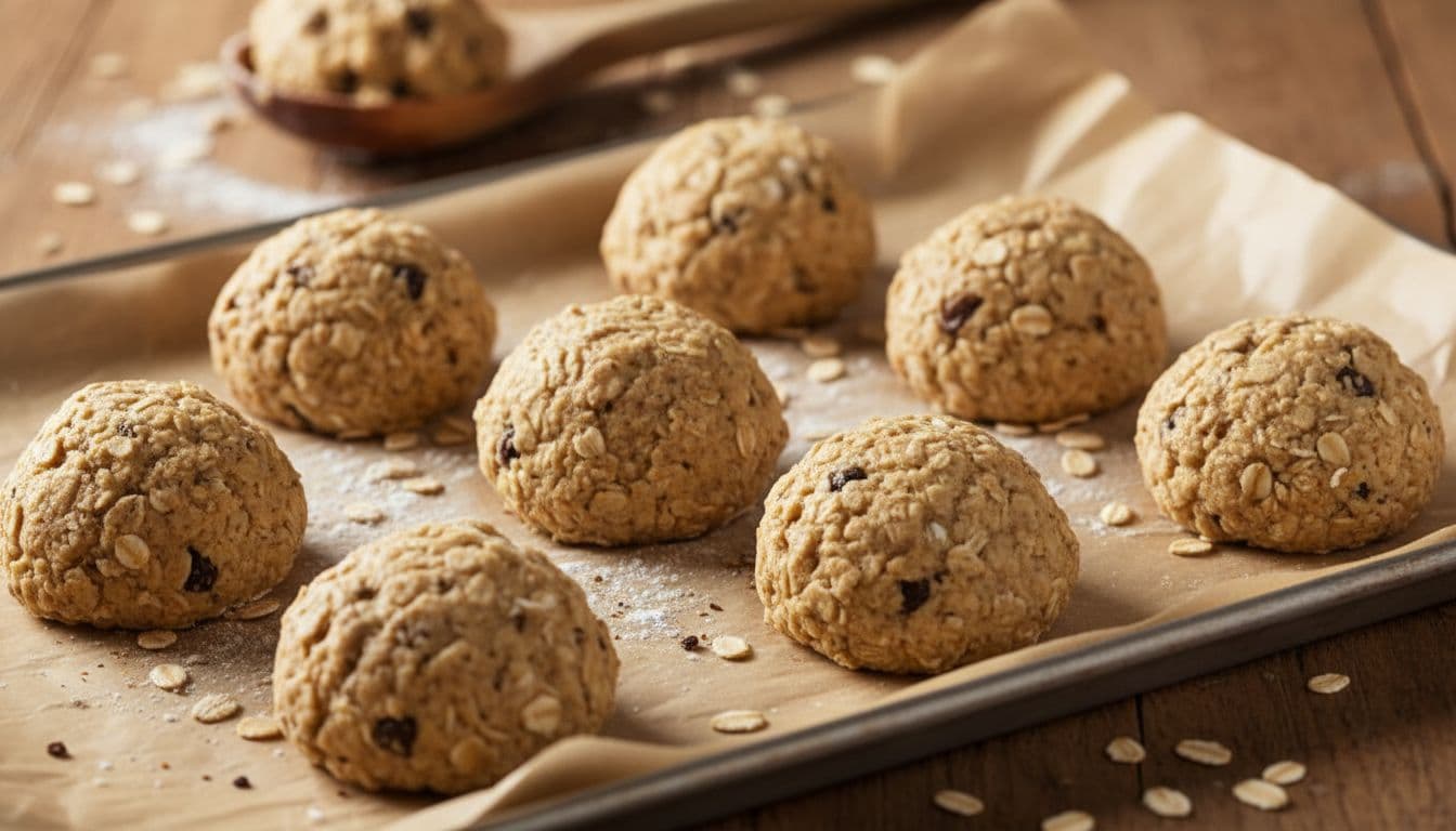 Close-up of chilled oatmeal cookie dough balls on a parchment-lined baking sheet, scattered rolled oats around, wooden spoon in soft focus background, cozy kitchen counter with warm lighting.