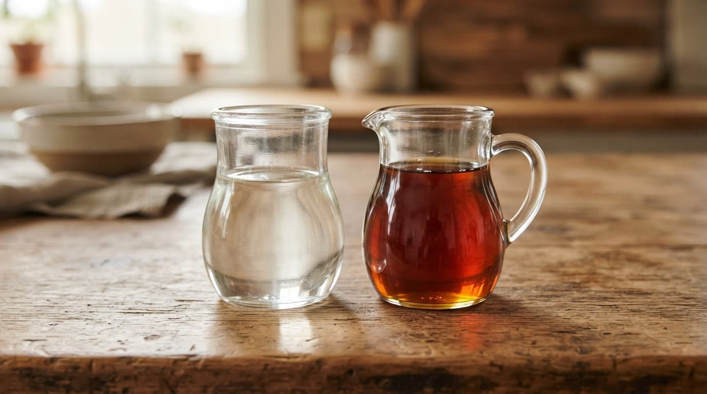 Corn syrup and pure maple syrup in two glass pitchers on a wooden counter