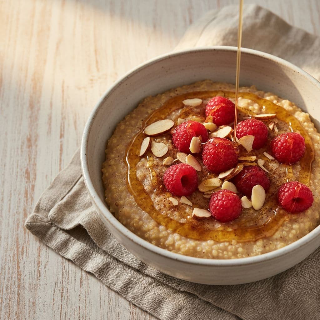 A ceramic bowl of creamy quinoa porridge topped with fresh raspberries and sliced almonds on a wooden table.
