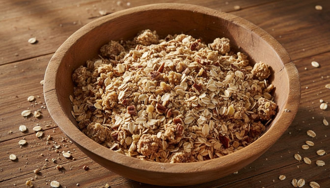 Crumbly oatmeal crisp topping with rolled oats, flour, butter, and pecans in a rustic wooden bowl