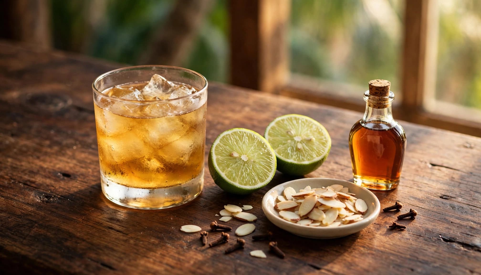 Un cocktail doré glacé à côté de citrons verts, d'amandes, de clous de girofle et d'une petite bouteille de sirop d'érable.