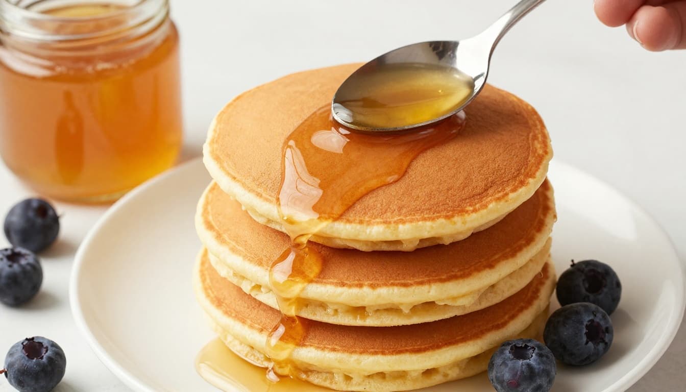 Stack of three fluffy golden pancakes on a white plate topped with a spoonful of thick golden Maplelixir from an open jar nearby, glossy finish, fresh berries scattered around, soft elegant lighting, premium food styling.