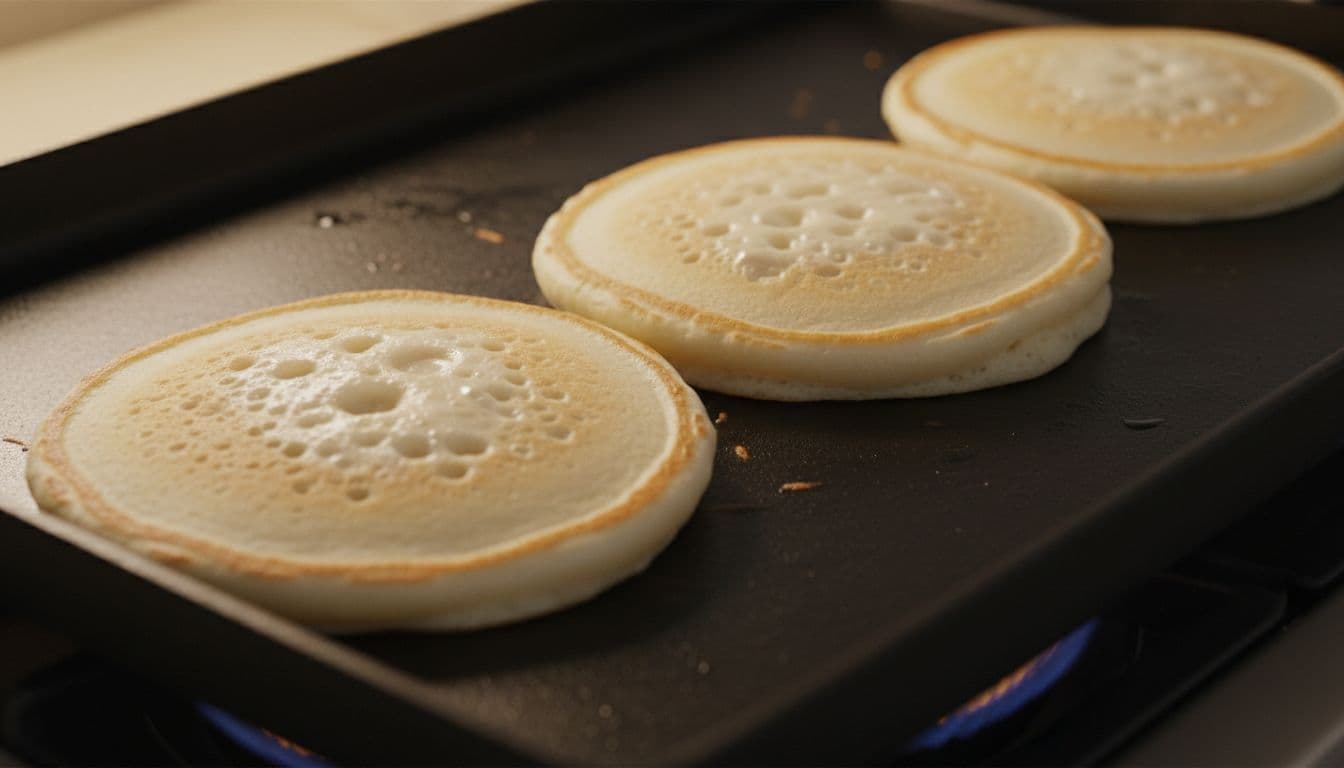 Fluffy pancakes cooking on a non-stick griddle over medium-low heat, with small bubbles forming on the top surfaces of three pancakes and edges slightly set.