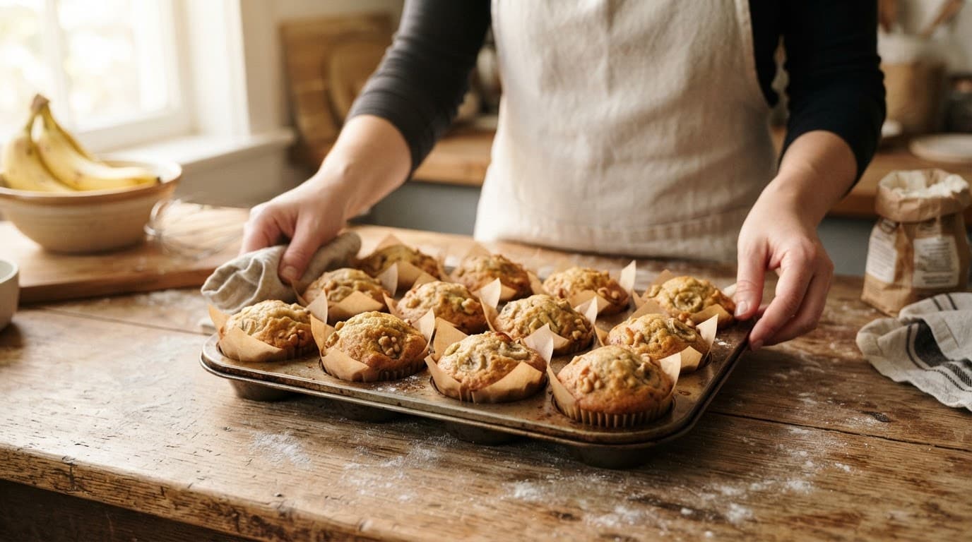 Golden banana muffins on a rustic wooden counter with a baker in the background.