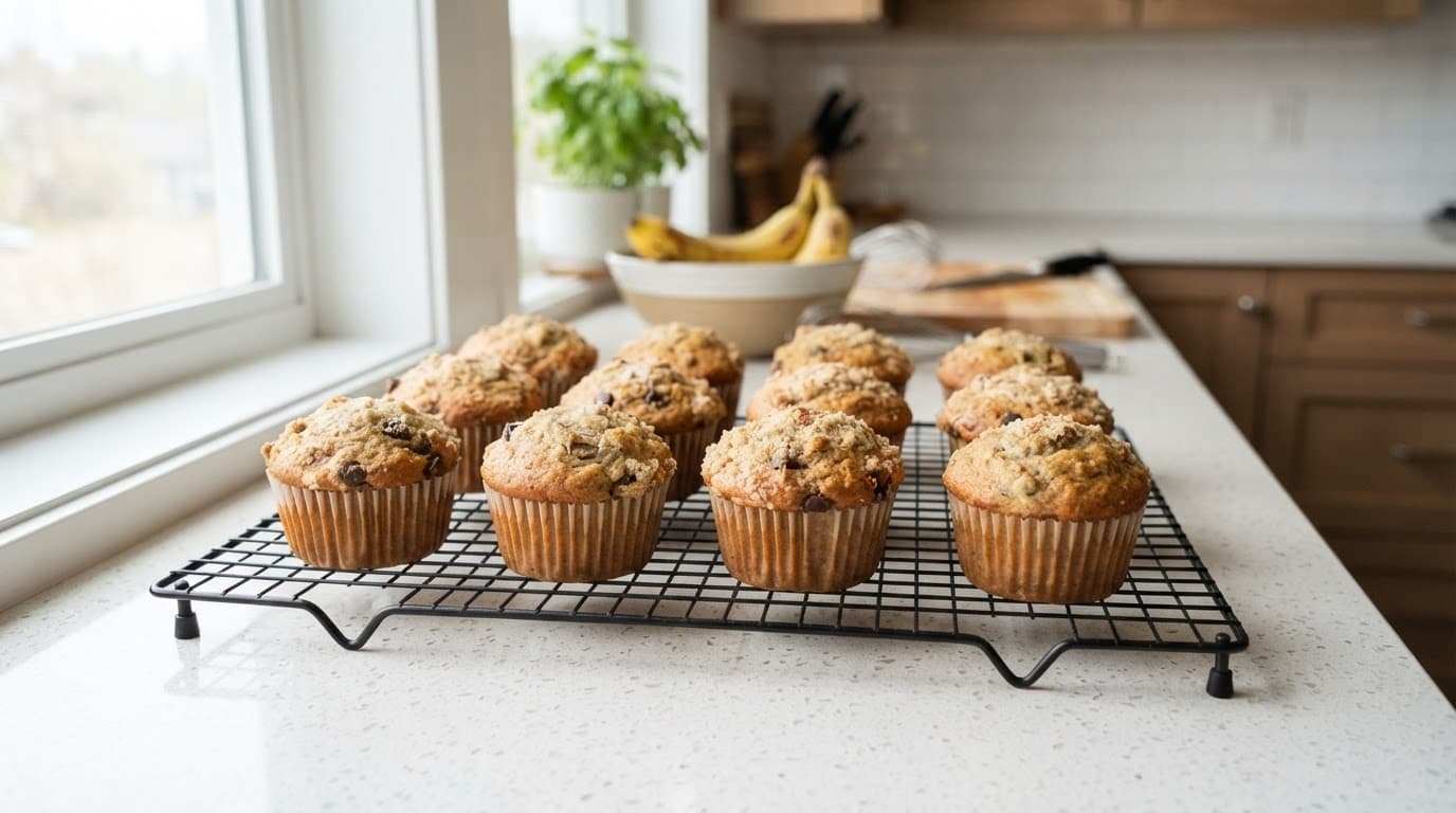 Golden banana muffins cooling on a wire rack in a bright kitchen.