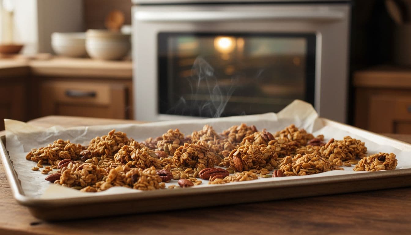 Grappes de granola doré à l'érable avec des flocons d'avoine, des noix et des graines refroidissant sur du papier sulfurisé sur une plaque de cuisson, de la vapeur s'élevant dans la cuisine.