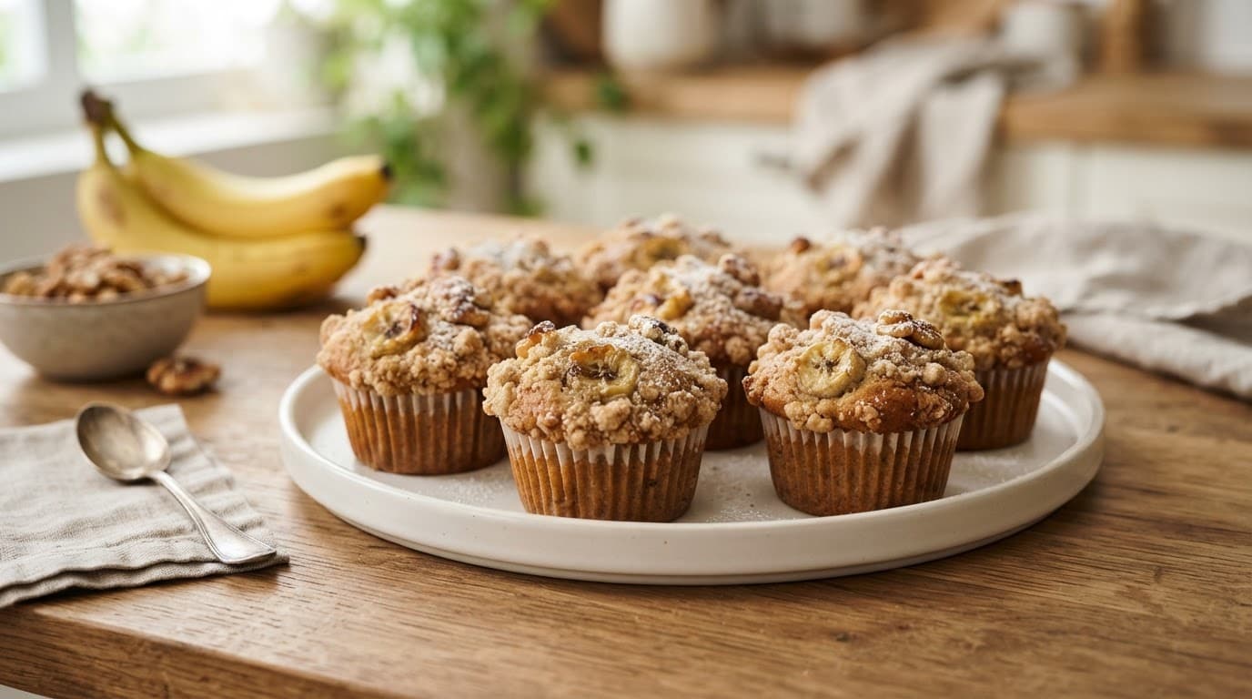Golden banana muffins arranged on a white plate on a wooden kitchen counter.