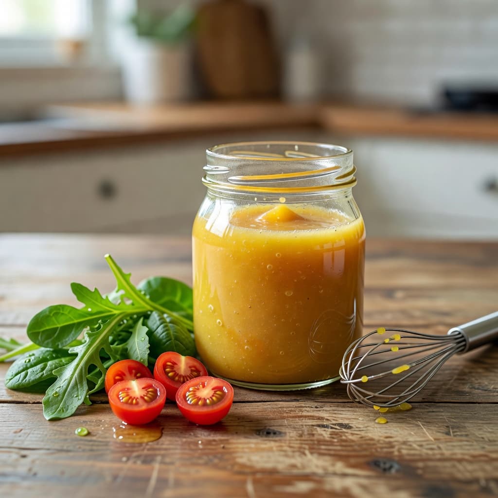 A glass jar filled with golden maple dijon dressing sits on a rustic wooden table beside fresh salad greens, a small whisk, and halved cherry tomatoes.