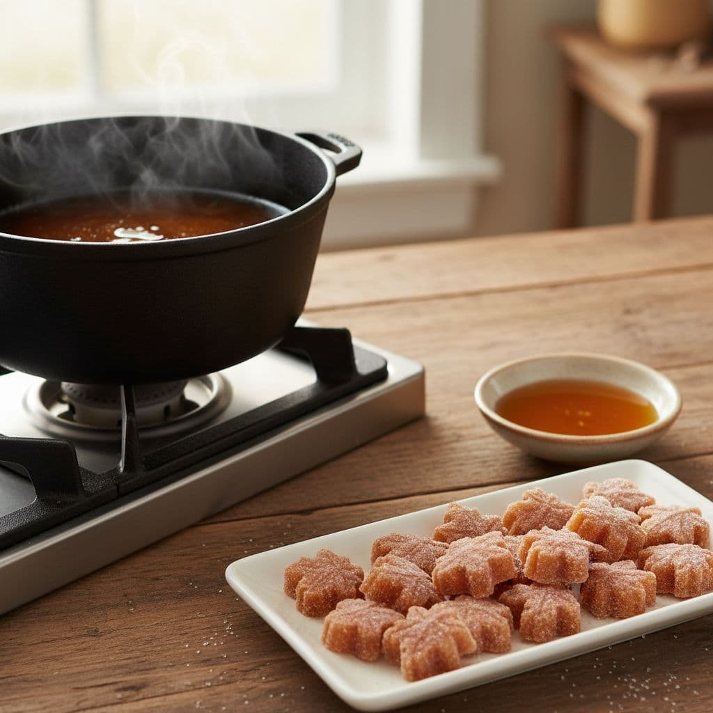 Une cuisinière sombre supporte une casserole métallique près d'un bol de sirop doré et d'une assiette en céramique blanche. Plusieurs bonbons en forme de feuille reposent sur l'assiette, mettant en évidence leurs textures cristallines et sucrées.