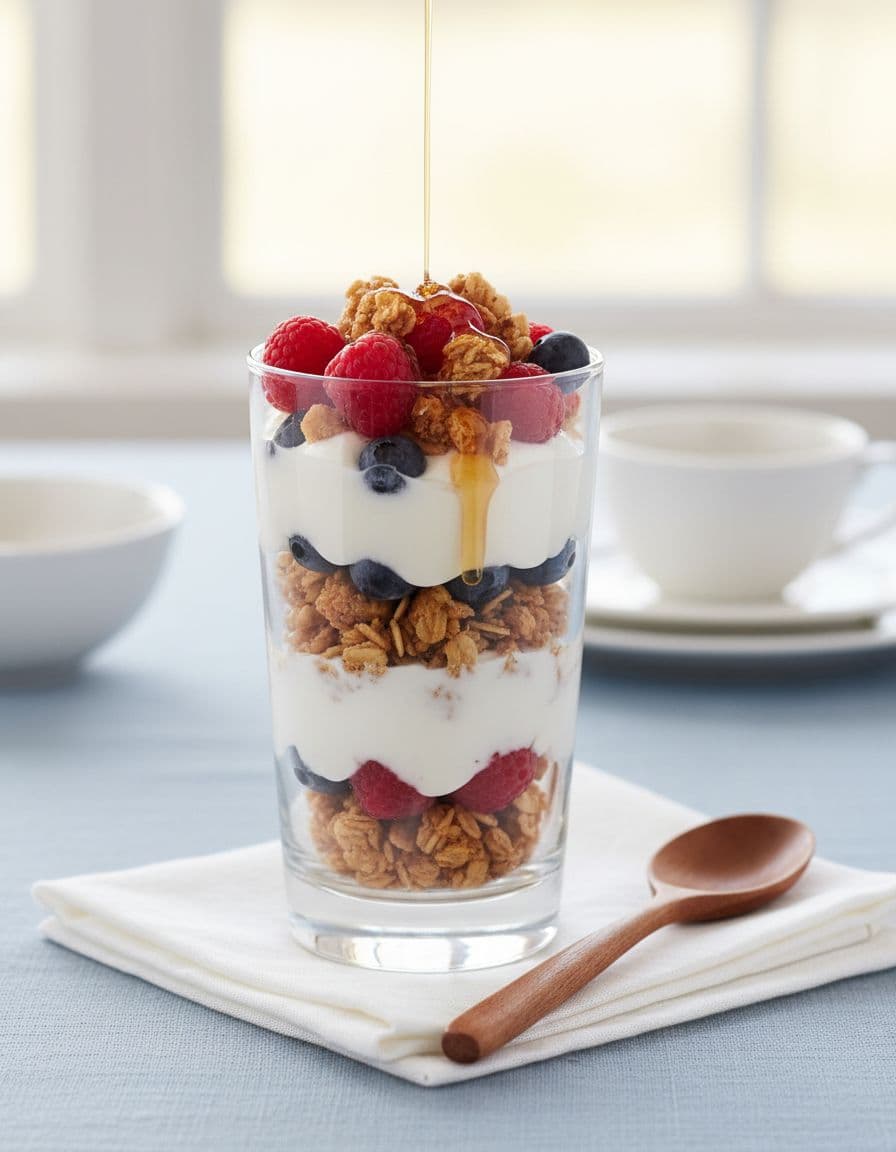 Un verre transparent contient un parfait au yaourt en couches avec des grappes de granola à l'érable, des baies fraîches et un filet d'érable ; une cuillère en bois à côté sur une table de brunch sous la lumière du matin.