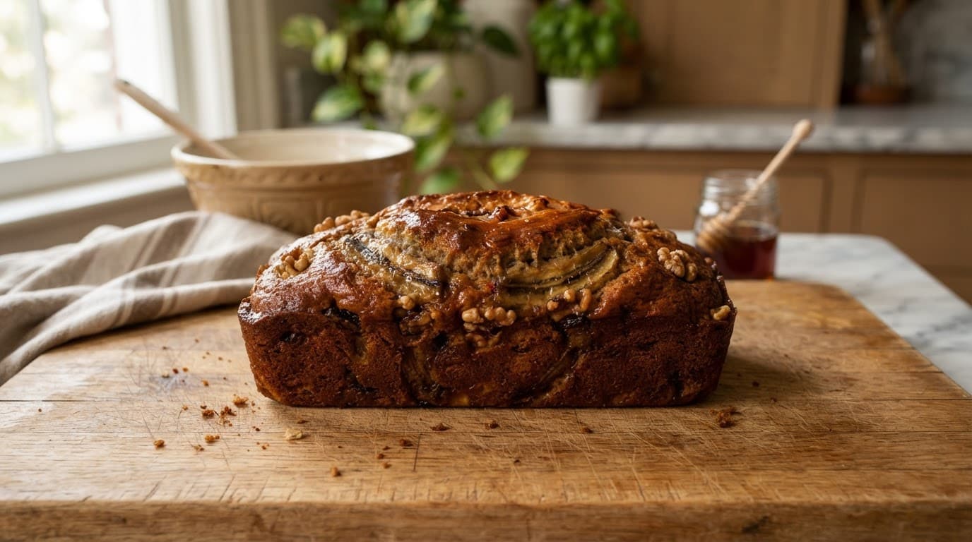 Golden maple banana bread loaf with browned edges on a rustic wooden board.