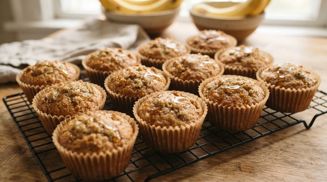 Golden banana muffins with maple drizzle cooling on a wire rack.