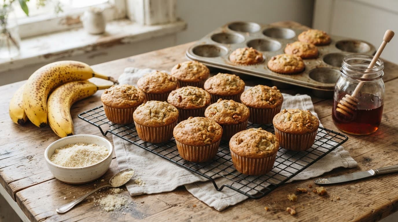 Golden banana muffins cooling beside bananas, almond flour, and a maple drizzle.