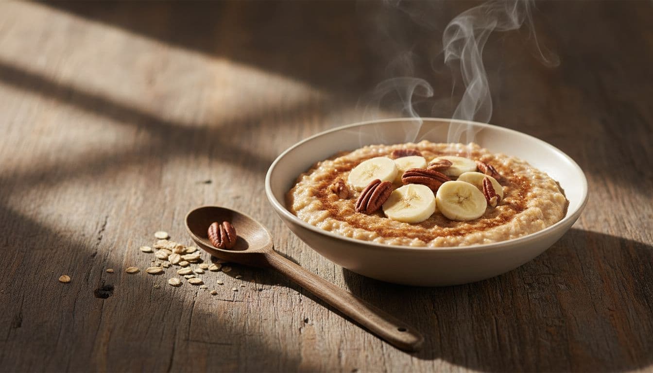 Bol crémeux de gruau à l'érable et à la cassonade garni de pacanes grillées et de tranches de banane, de la vapeur s'élevant doucement, une cuillère en bois reposant à proximité sur une table de cuisine rustique en bois sous une douce lumière matinale.