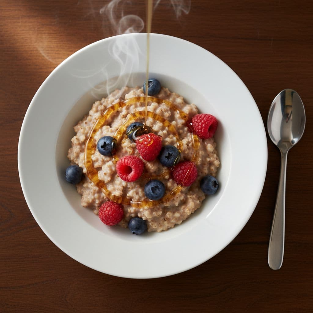 A ceramic bowl of warm buckwheat porridge garnished with fresh berries and maple syrup on dark wood.