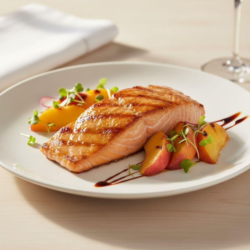 A seared salmon fillet glazed with maple syrup sits on a white plate, accompanied by fresh peach slices. Microgreens and a dark balsamic reduction provide a vibrant contrast to the dish.