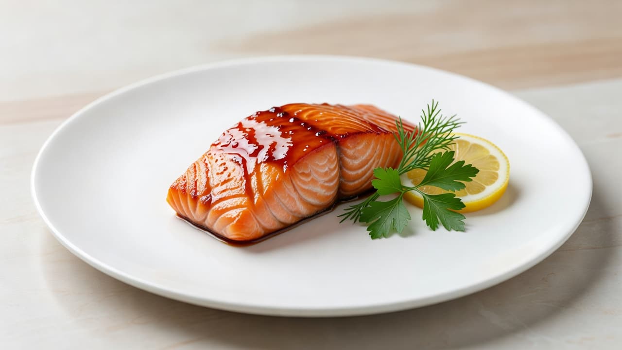 A succulent, golden-brown salmon fillet with a glossy maple glaze rests on a pristine white ceramic plate, garnished with fresh herbs and a thin lemon slice