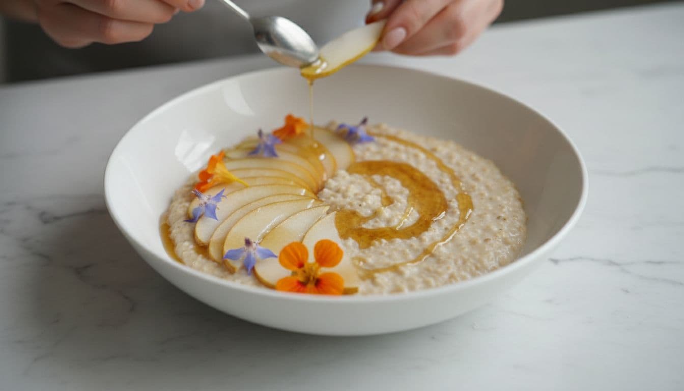 A refined bowl of rolled oat porridge topped with sliced pears and edible flowers on marble.