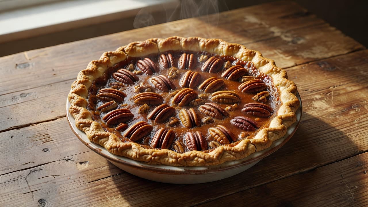Une tarte entière aux pacanes et à l'érable cuite repose sur une surface en bois rustique, présentant une garniture brillante garnie de pacanes grillées et de bords de croûte dorés.