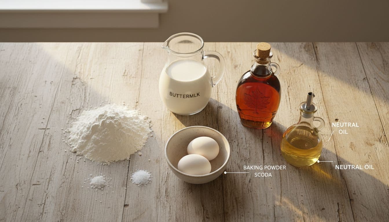 Key pancake ingredients including flour, baking powder, eggs, buttermilk, and maple syrup arranged on a wooden kitchen table in a top-down composition with bright natural morning light.