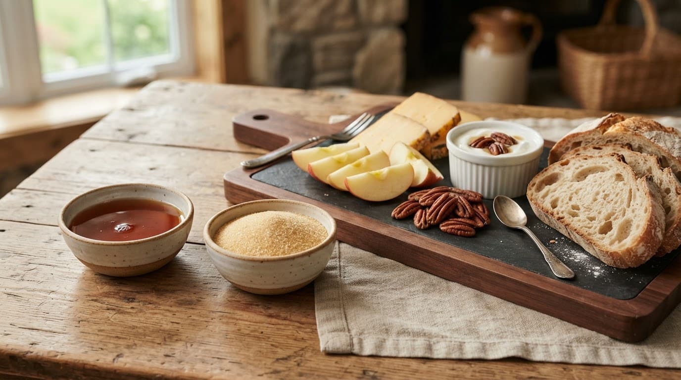 Maple sugar and maple syrup tasting plate with cheese, apple, pecans, yogurt, and sourdough.