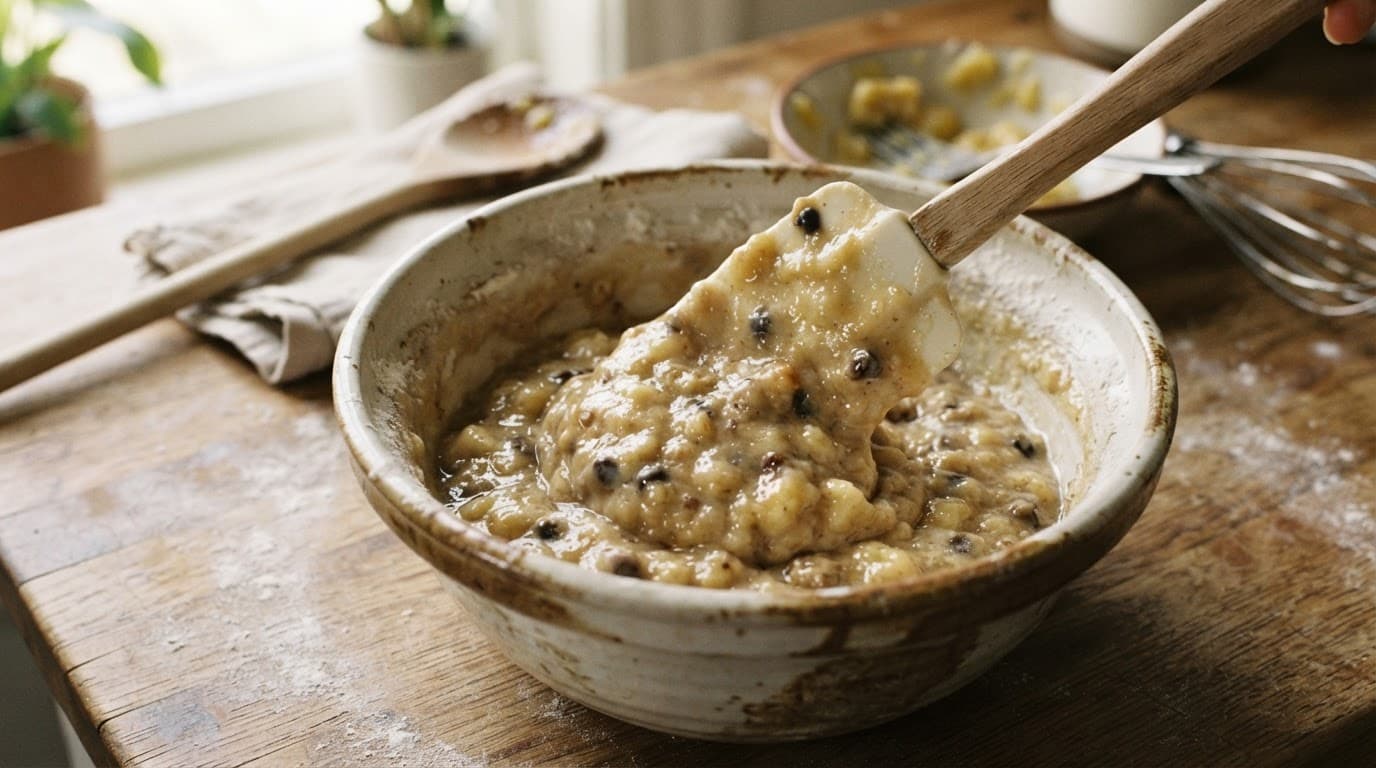 Spatula folding banana muffin batter in a ceramic bowl on a rustic counter.