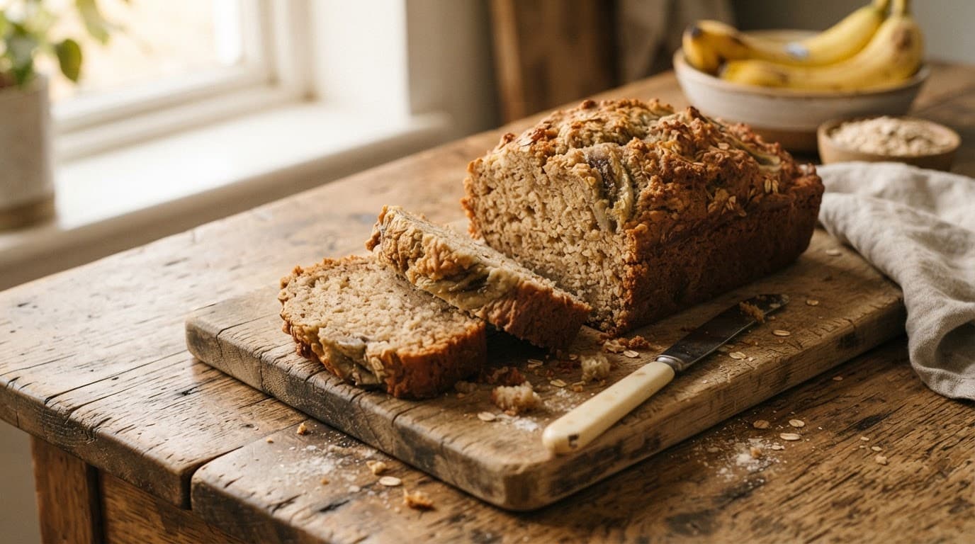 Sliced banana bread oat flour loaf on a rustic wooden counter.