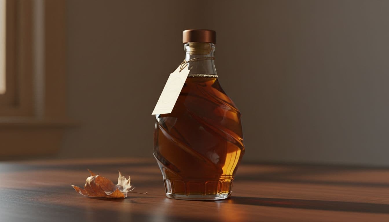 An elegant amber glass bottle of maple syrup sits on a rustic dark wooden surface.