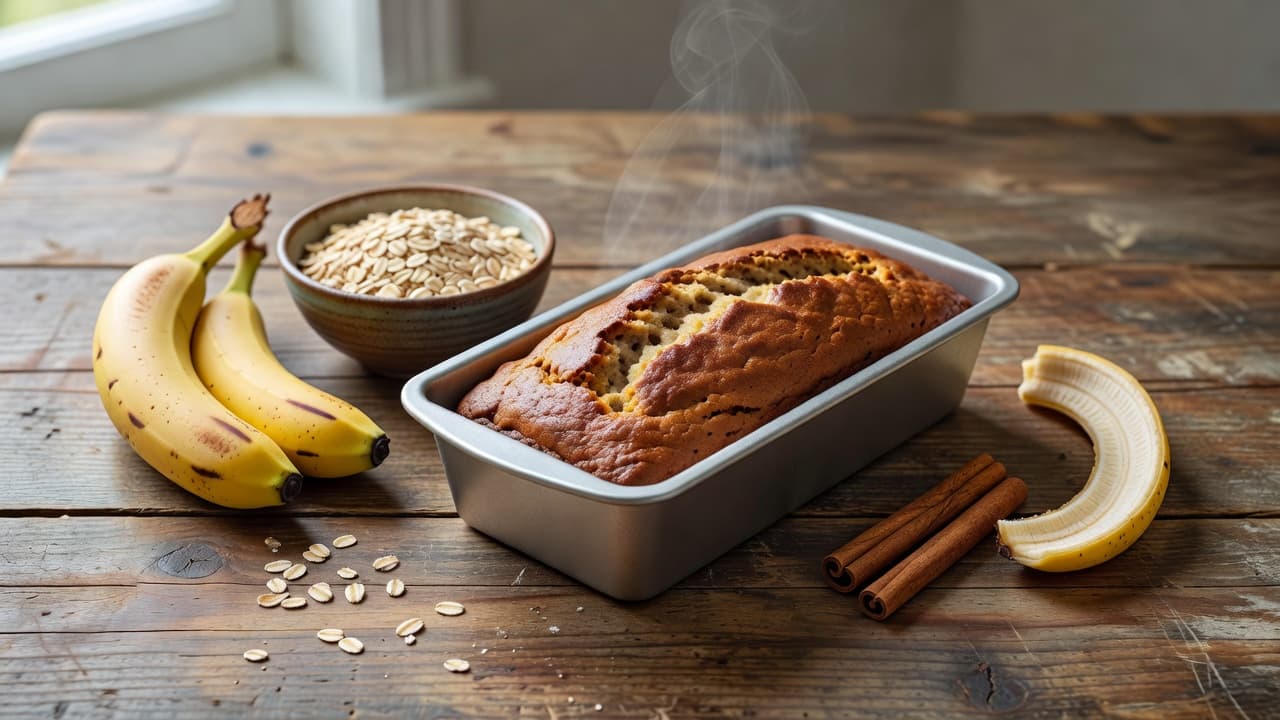 A golden banana bread loaf in a pan on a rustic wooden table with baking ingredients.