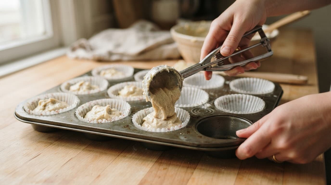 A scoop drops batter into a paper-lined muffin tin on a wooden counter.