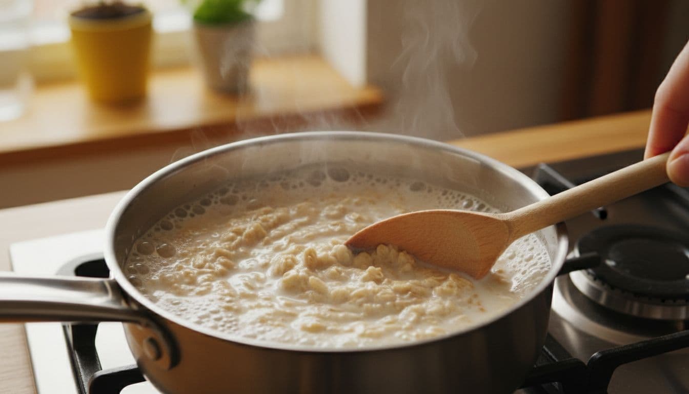Gros plan d'une petite casserole sur la cuisinière, faisant mijoter de l'avoine dans du lait avec de douces bulles et une cuillère en bois remuant le mélange crémeux, sur un fond de cuisine chaleureux flou.