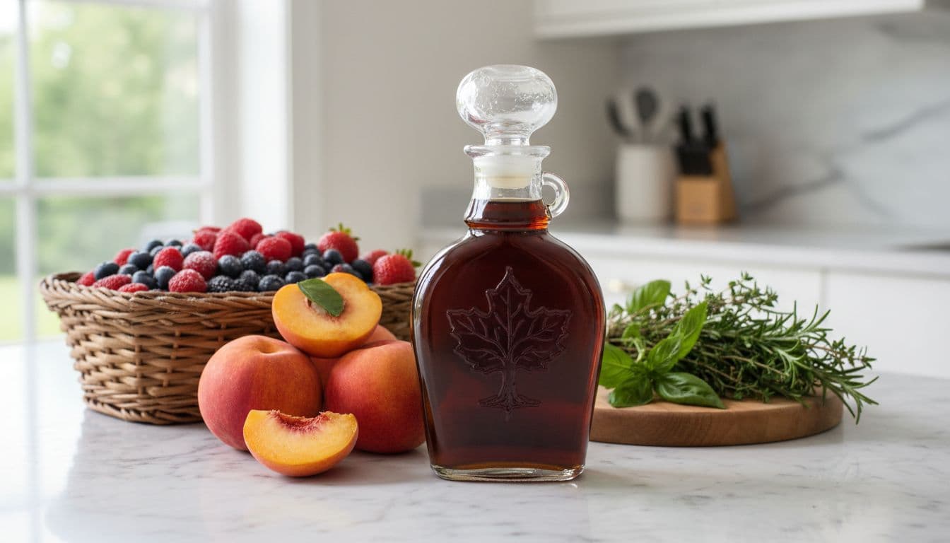 A glass bottle of amber maple syrup sits on a white marble surface surrounded by fresh berries, peaches, and green herbs. Soft morning light creates a clean, gourmet kitchen atmosphere.