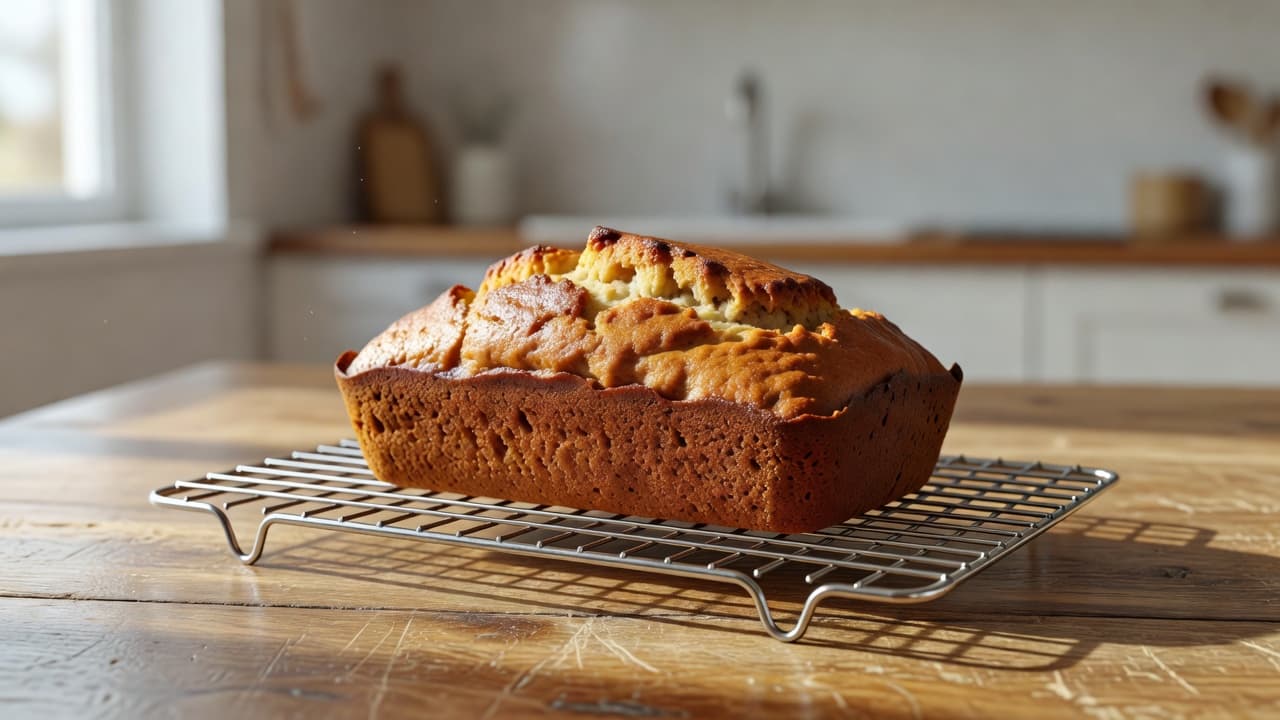 A freshly baked vegan banana loaf cooling on a wire rack on a wooden counter.