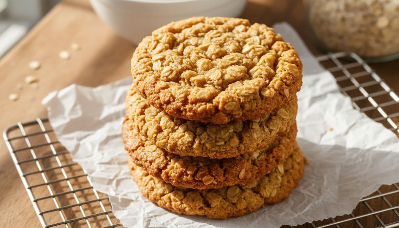 Stack of warm golden-brown maple oatmeal cookies with chewy centers, crisp edges, visible rolled oats, and subtle maple glaze, arranged on a parchment-lined cooling rack in a sunlit kitchen.