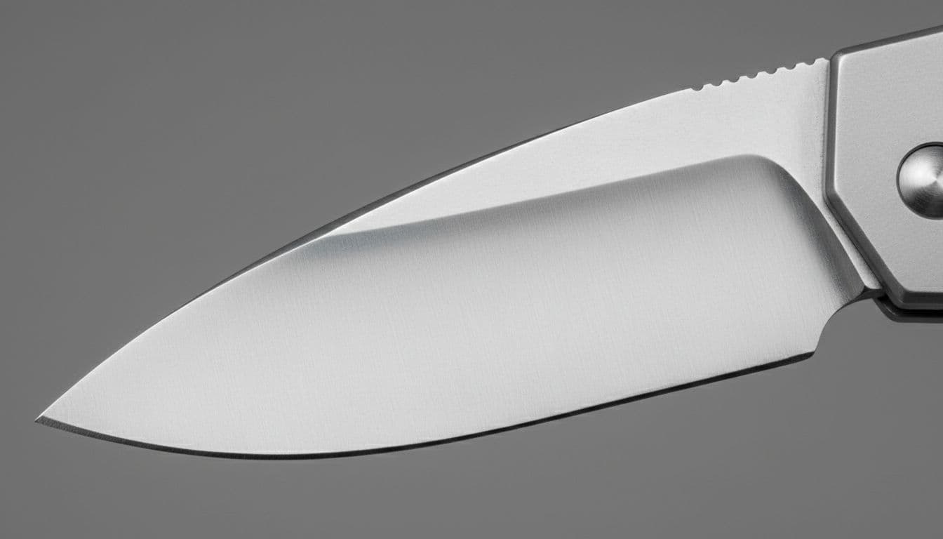 Close-up view of a folding knife blade with hollow ground edge geometry, thin geometry behind the sharp primary bevel, and drop point shape. High detail realistic rendering on neutral gray background with even studio lighting highlighting the edge profile.