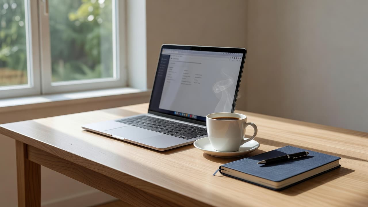 A clean wooden desk features a sleek laptop, a steaming cup of coffee, and an open notebook. Soft sunlight streams from a window, creating a focused environment for digital work.