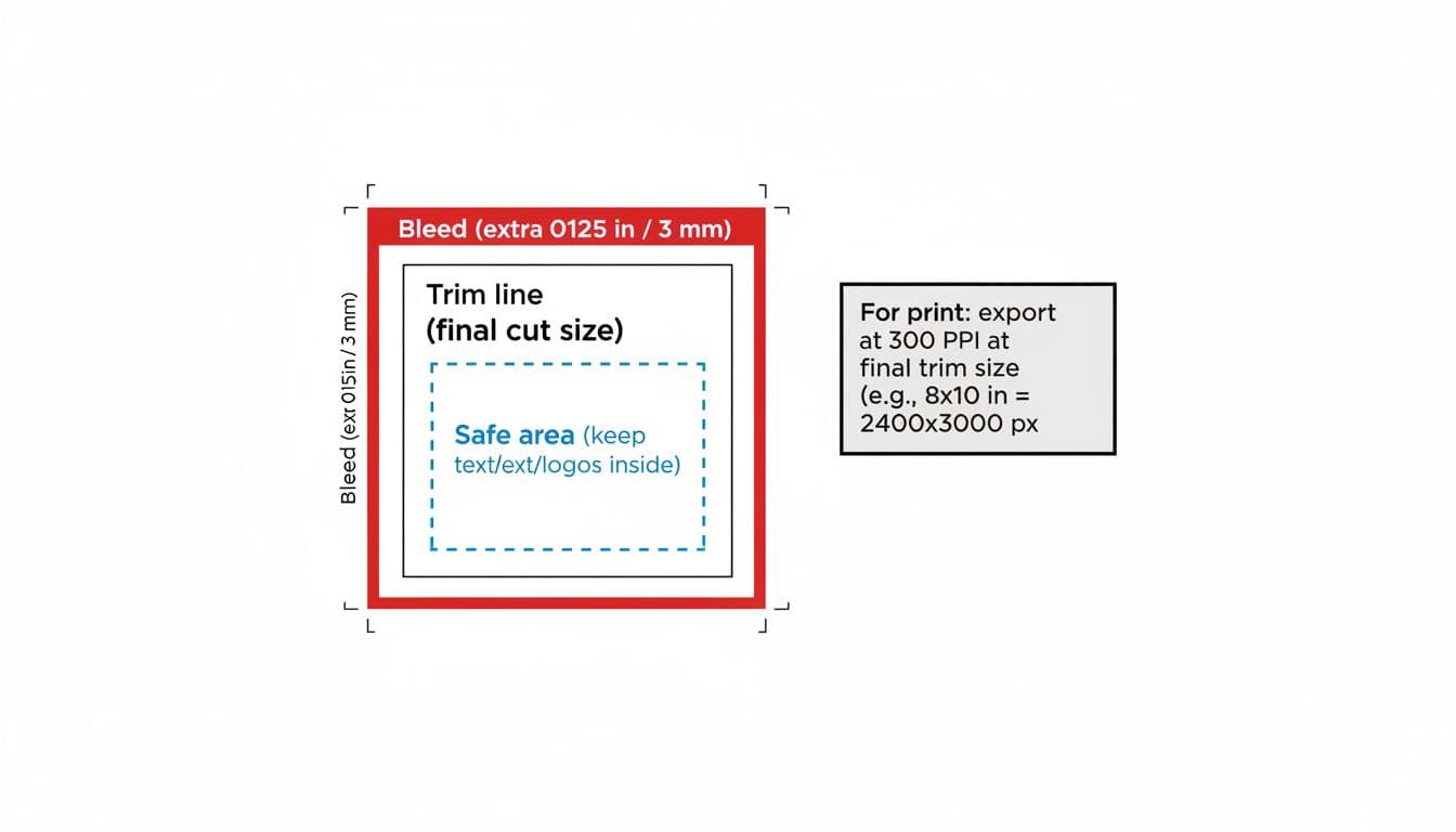 Infographic showing bleed, trim line, and safe area with crop marks for printable wall art.
