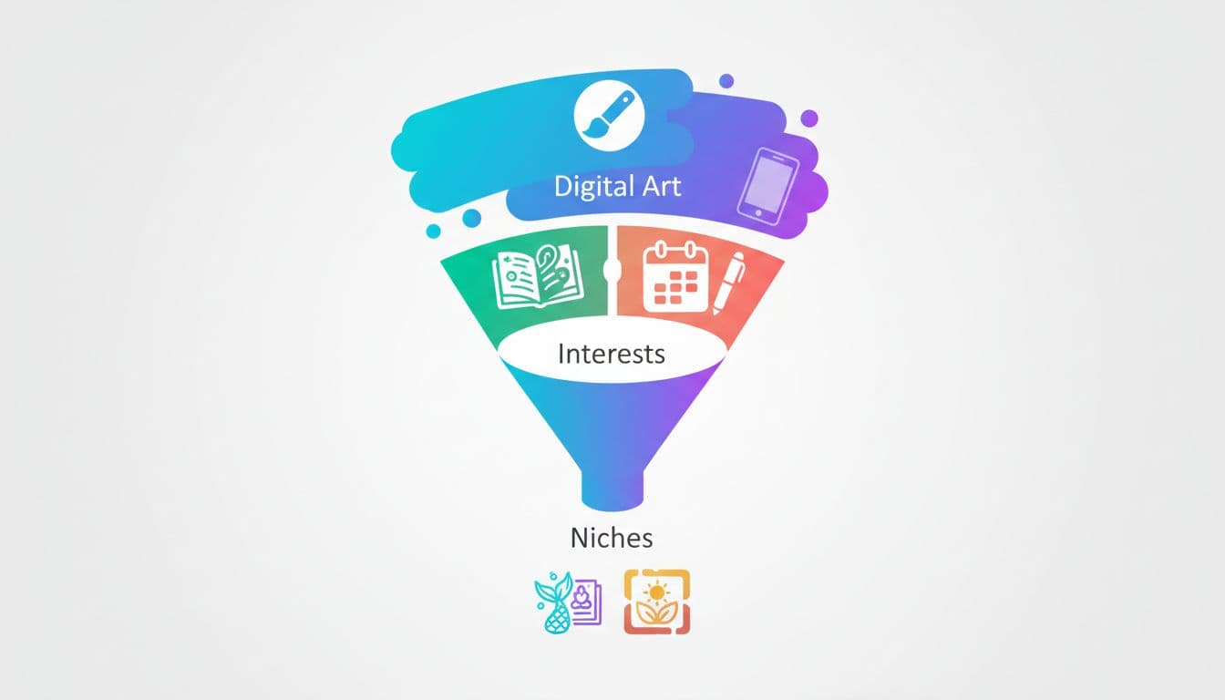 Illustration of a funnel narrowing broad art interests into a specific niche