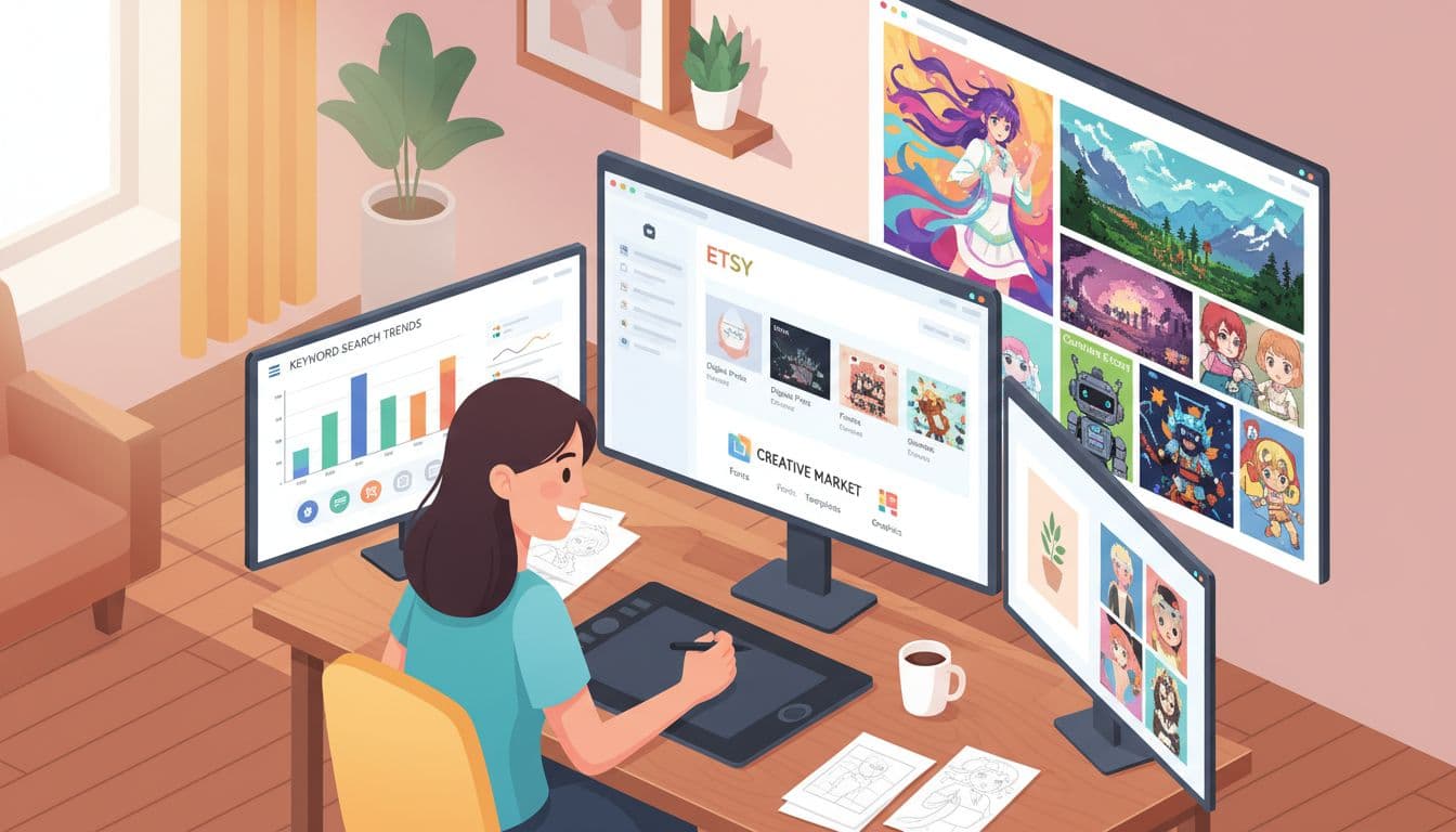 Digital artist at cozy home studio researching niches on multiple screens