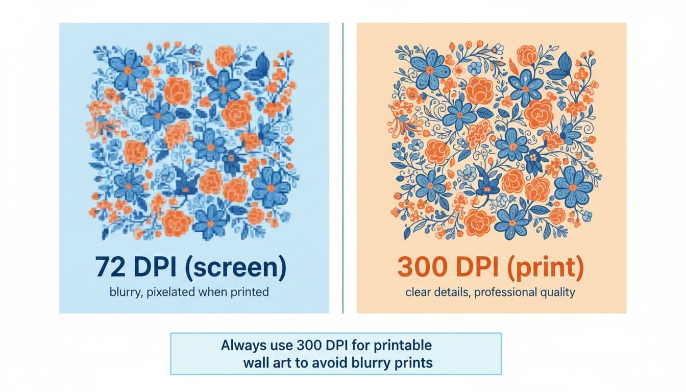 Low vs high resolution comparison for printable wall art, showing a blurry print next to a sharp print.