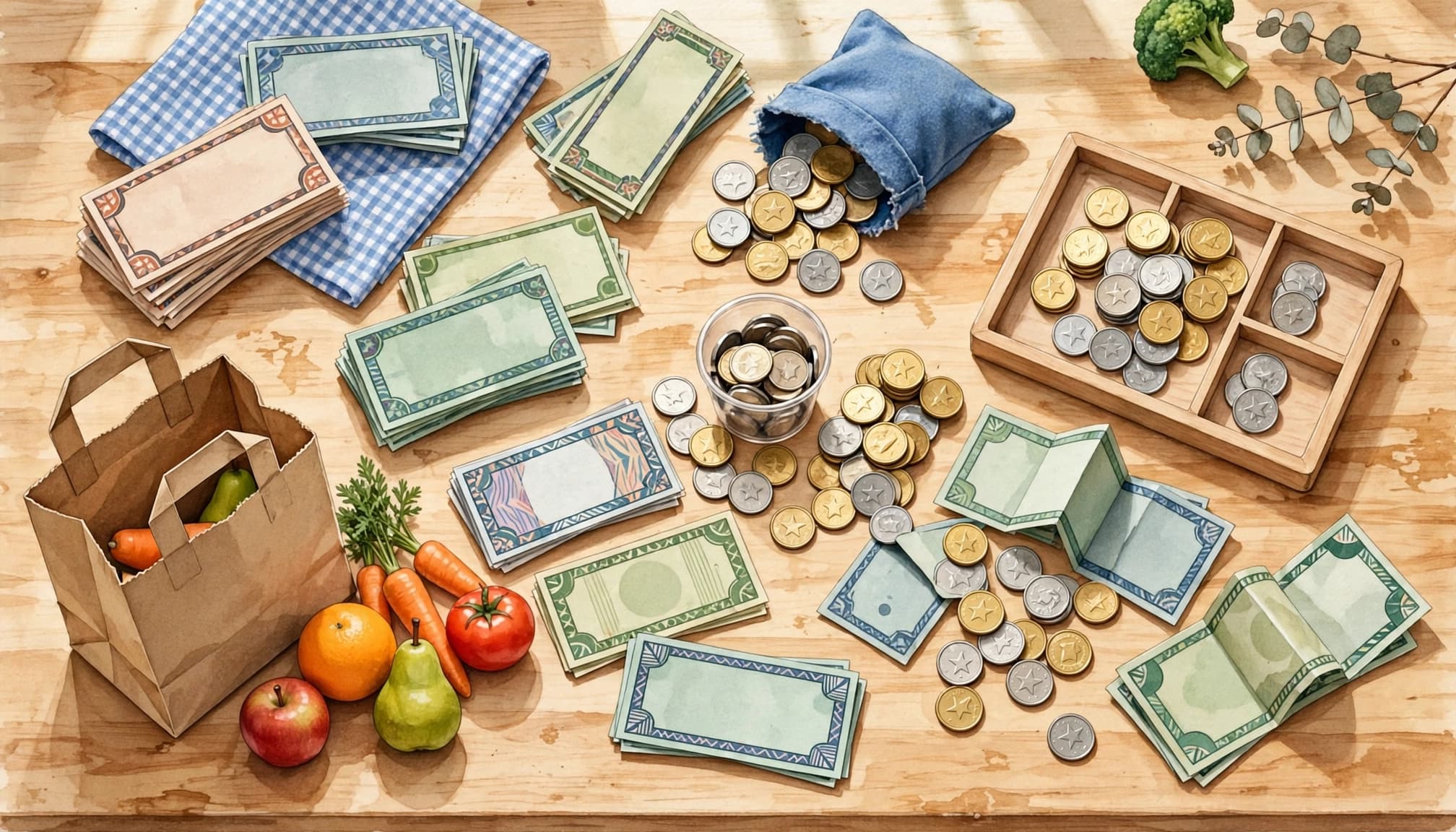 A tabletop view of pretend math props, including play money, coins, a grocery bag, and produce.