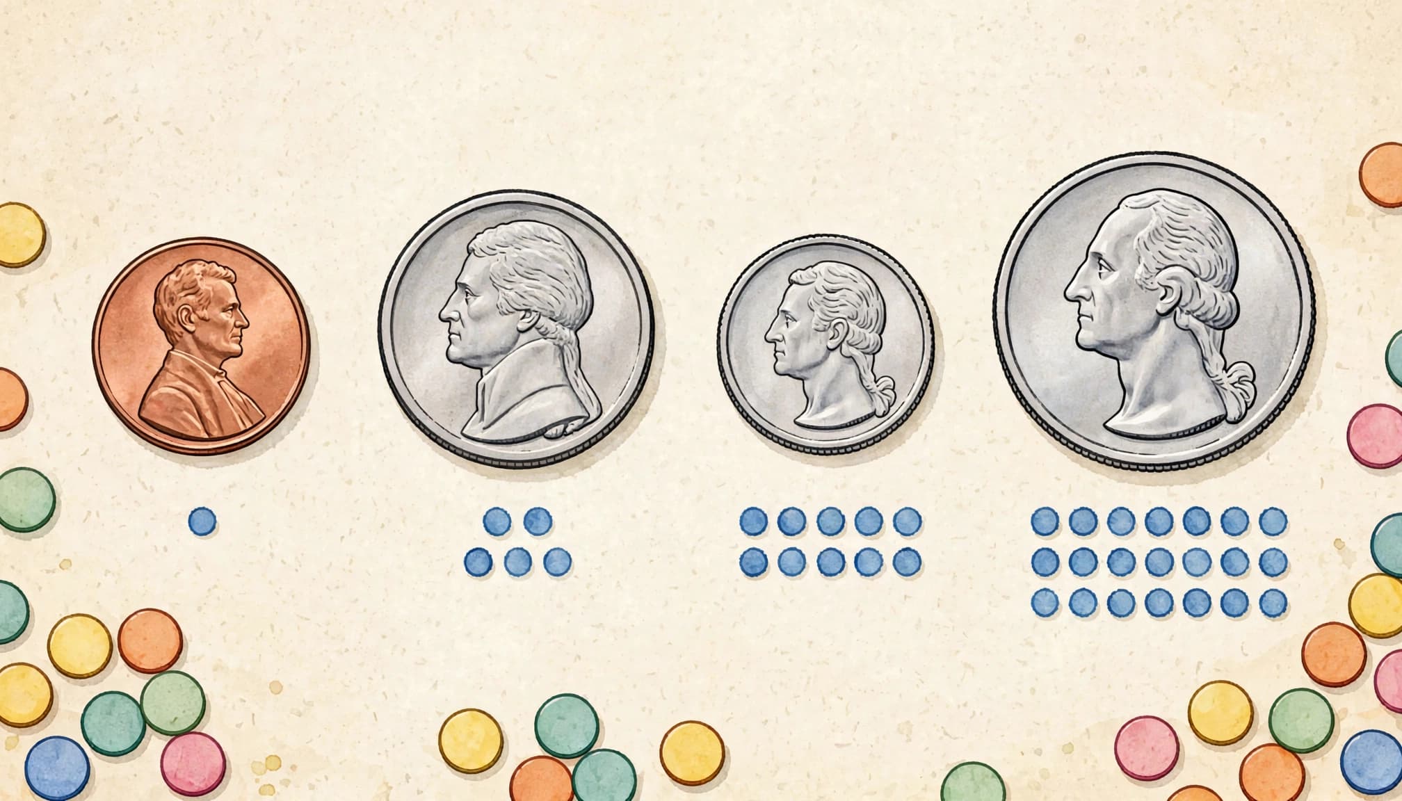 An illustration of four U.S. coins with relative value dots and counting counters on a tabletop.