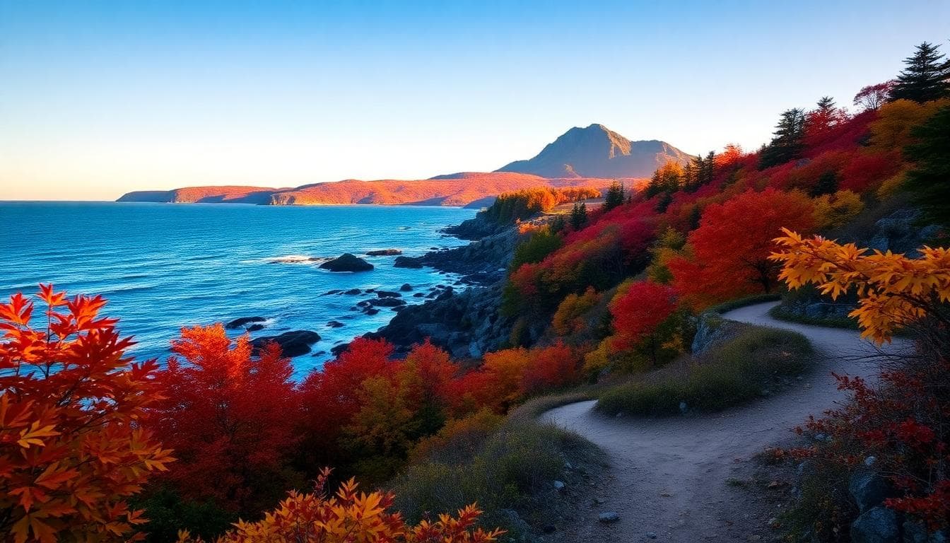 Acadia National Park autumn coastline with Cadillac Mountain in sunrise