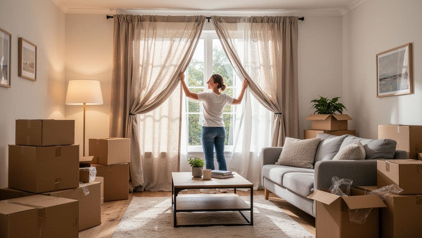 Bright new home living room during moving day with unpacked boxes, one person gently adjusting newly installed curtains on a large window, cozy sofa and coffee table nearby, warm lighting, happy atmosphere, realistic photo.